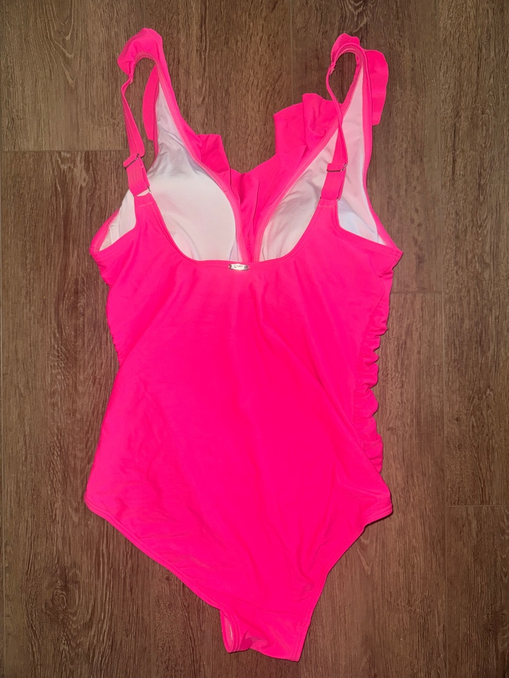 DKNY Neon Pink Ruffle Strap One-Piece Swimsuit - Picture 2 of 3